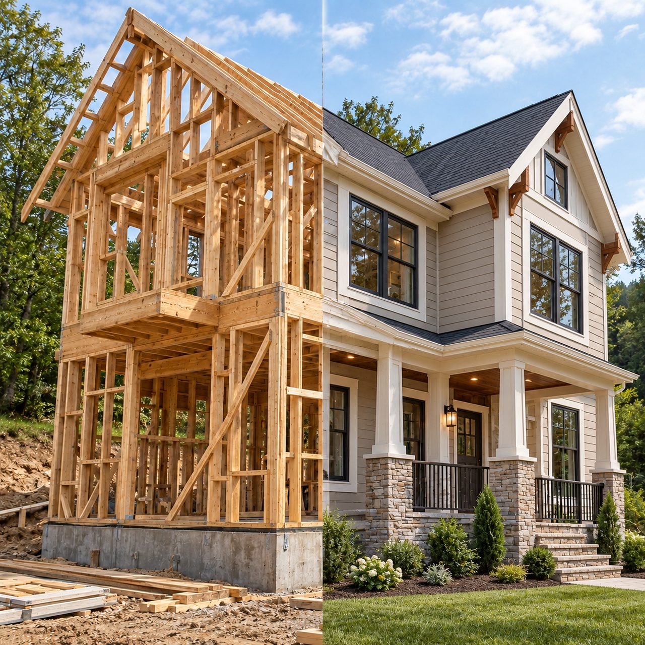 Casa em wood frame: estrutura de madeira de um lado e casa pronta do outro